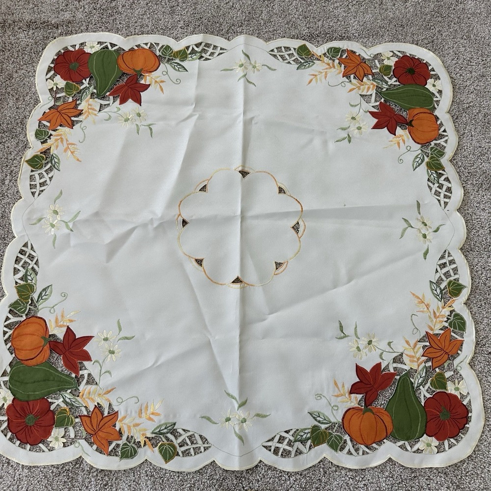 Vintage Fall Autumn Theme Cutwork Embroidered Tablecloth Square 33" Pumpkins